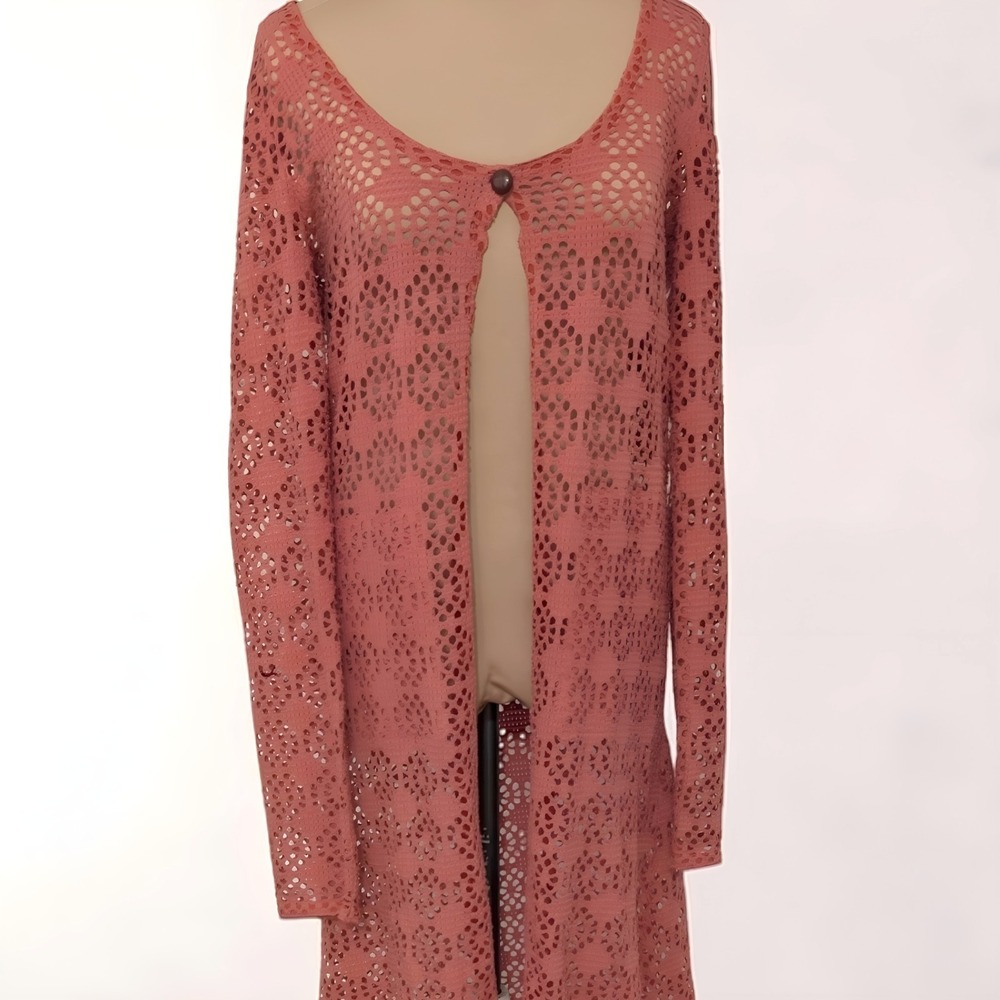 Free People Beach Cardigan Sweater Womens L Coral Crochet Open Knit Duster Boho